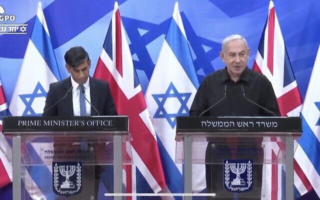 UK Prime Minister Rishi Sunak (left) gives a statement to the media alongside Prime Minister Benjamin Netanyahu in Jerusalem, October 19, 2023. (GPO/Screenshot) UK Prime Minister Rishi Sunak (left) gives a statement to the media alongside Prime Minister Benjamin Netanyahu in Jerusalem, October 19, 2023. (GPO/Screenshot)