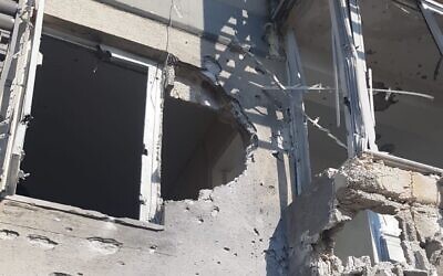 The Sderot municipality reports a direct hit to a building sustained during a rocket barrage on October 13, 2023. (Sderot Municipality)
