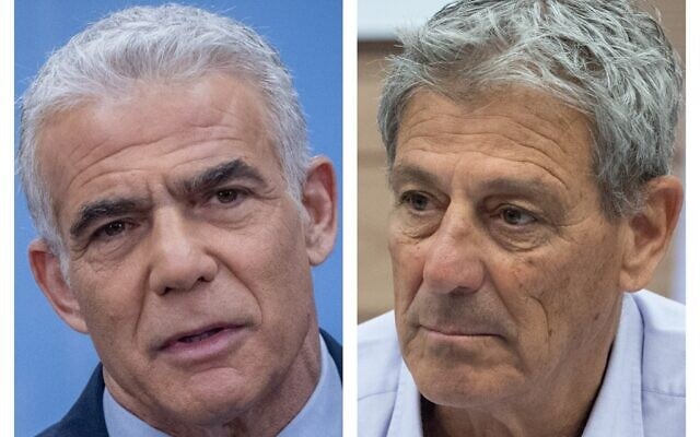 Left: Yesh Atid head MK Yair Lapid speaking during a faction meeting at the Knesset in Jerusalem, July 17, 2023. (Chaim Goldberg/Flash90); right: MK Ram Ben Barak leading a joint meeting of the Foreign Affairs and Internal security Committees, at the Knesset in Jerusalem, June 20, 2022. (Yonatan Sindel/Flash90) Left: Yesh Atid head MK Yair Lapid speaking during a faction meeting at the Knesset in Jerusalem, July 17, 2023. (Chaim Goldberg/Flash90); right: MK Ram Ben Barak leading a joint meeting of the Foreign Affairs and Internal security Committees, at the Knesset in Jerusalem, June 20, 2022. (Yonatan Sindel/Flash90)