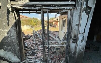The remains of a Kibbutz Be'eri home destroyed by Hamas attackers on October 7, photographed on October 20, 2023 (Carrie Keller-Lynn/The Times of Israel)