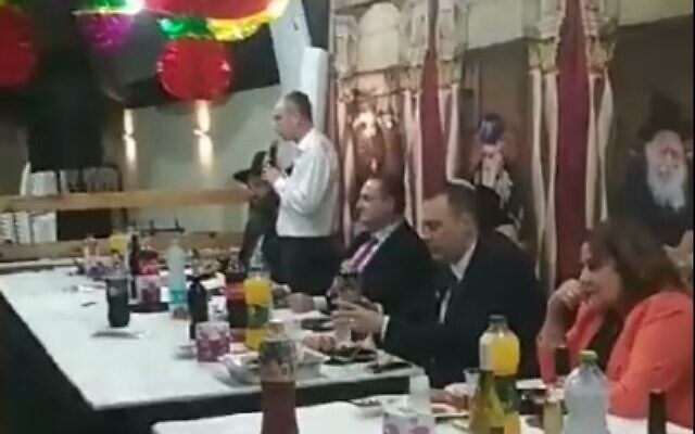 Justice Minister Yariv Levin (L) addresses a Sukkot event held by Rafi Kedoshim in Herzliya in October 2023 (Video screenshot; used in accordance with Clause 27a of the Copyright Law)
