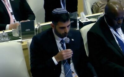 Communications Minister Shlomo Karhi addresses the UN Universal Postal Union in Riyadh, Saudi Arabia, on October 4, 2023. (Screenshot used in accordance with Clause 27a of the Copyright Law)