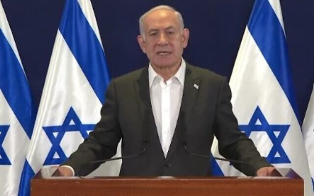 Prime Minister Benjamin Netanyahu gives a televised address to the nation on October 13, 2023. (Screenshot/ used in accordance with Clause 27a of the Copyright Law) Prime Minister Benjamin Netanyahu gives a televised address to the nation on October 13, 2023. (Screenshot/ used in accordance with Clause 27a of the Copyright Law)
