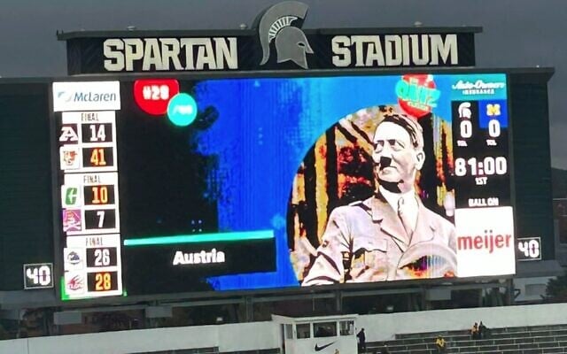 Michigan State University displayed an image of Adolf Hitler as part of a trivia quiz prior to a football game, October 21, 2023. (Alexander Haenke/X via JTA) Michigan State University displayed an image of Adolf Hitler as part of a trivia quiz prior to a football game, October 21, 2023. (Alexander Haenke/X via JTA)