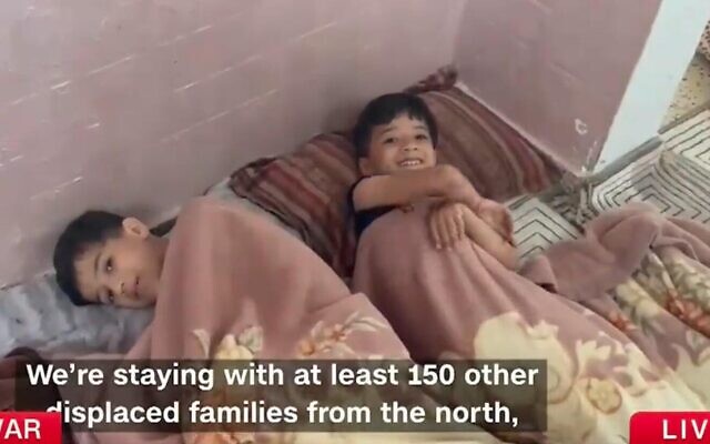 CNN reporter Ibrahim Dahman's children sleep on the floor in Khan Younis after fleeing Gaza city, in footage aired on October 24, 2023. (Screen capture/X) CNN reporter Ibrahim Dahman's children sleep on the floor in Khan Younis after fleeing Gaza city, in footage aired on October 24, 2023. (Screen capture/X)