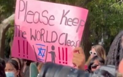 An antisemitic sign at a pro-Palestinian protest of NYU students and others in Manhattan's Washington Square Park on October 25, 2023. (Screen capture/X)