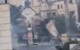 An IDF bulldozer destroys Jenin's arched gate during a raid, October 30, 2023. (Twitter video screenshot: used in accordance with Clause 27a of the Copyright Law)