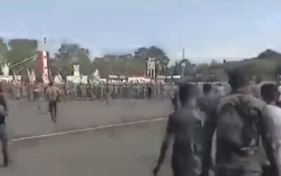 Screen capture from video apparently showing a Syrian military parade in Homs moments before a deadly drone strike, October 5, 2023. (X/Used in accordance with Clause 27a of the Copyright Law)