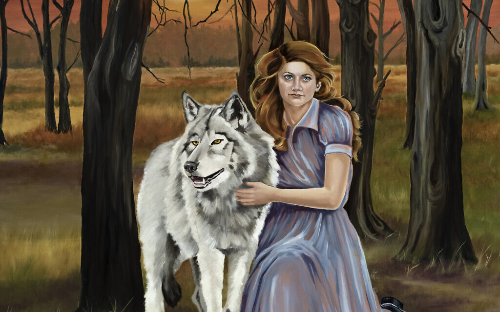 In this painting by artist Lauren Bergman on display in the exhibit 'Lives Eliminated, Dreams Illuminated,' Holocaust victim and partisan fighter Tema Schneiderman poses in a forest with a wolf. (Courtesy of the Dr. David M. Milch Foundation)