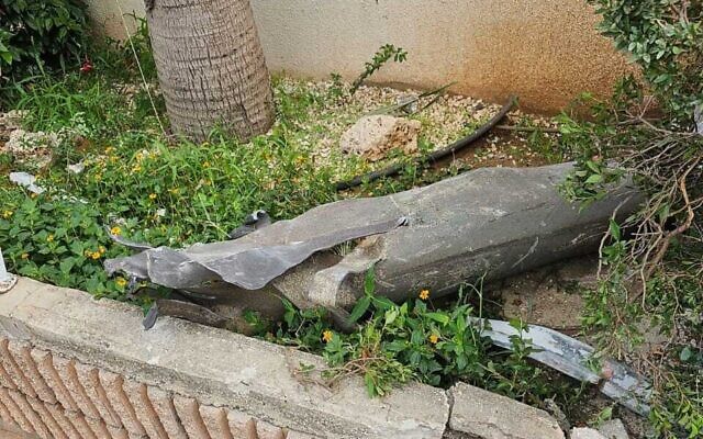 A large rocket fragment in Rishon Lezion after a barrage was fired at central Israel on October 29, 2023 (courtesy, used in accordance with Clause 27a of the Copyright Law) A large rocket fragment in Rishon Lezion after a barrage was fired at central Israel on October 29, 2023 (courtesy, used in accordance with Clause 27a of the Copyright Law)