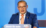 FILE - AfD co-leader Tino Chrupalla speaks at the Alternative for Germany, or AfD, federal party conference at the Magdeburg Messe, Germany, July 28, 2023. (Carsten Koall/dpa via AP, File)