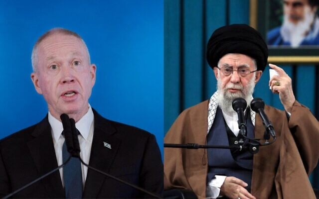 A composite image of former defense minister Yoav Gallant and Iranian leader Ayatollah Ali Khamenei (AP)