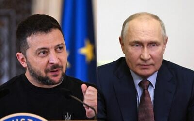 A composite image of Ukrainian President Volodymyr Zelenskly (left) and Russian President Vladimir Putin, both seen in October 2023. (AFP)