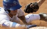 Yonatan (Yoni) Zeevi of Israel's national baseball team gets on base during the European Baseball Championship, held from September 23-October 1, 2023, in the Czech Republic (Jan Benes/ Eurobaseball 2023)