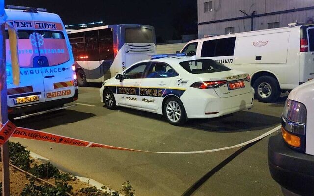 First responders at the scene of a suspected motorcycle bombing in Or Yehuda on October 3, 2023. (Israel Police) First responders at the scene of a suspected motorcycle bombing in Or Yehuda on October 3, 2023. (Israel Police)