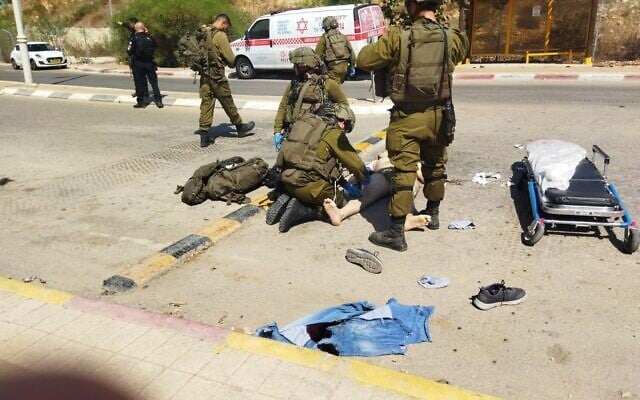The scene of an attempted stabbing attack at Beit Aryeh settlement in the West Bank, October 7, 2023 (Courtesy) The scene of an attempted stabbing attack at Beit Aryeh settlement in the West Bank, October 7, 2023 (Courtesy)