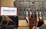 President Isaac Herzog speaks to foreign journalists at his residence in Jerusalem on October 12, 2023. (Amy Spiro/Times of Israel)