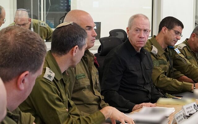 Defense Minister Yoav Gallant meets with IDF commanders at the Northern Command base in Safed, October 14, 2023. (Ariel Hermoni/Defense Ministry) Defense Minister Yoav Gallant meets with IDF commanders at the Northern Command base in Safed, October 14, 2023. (Ariel Hermoni/Defense Ministry)