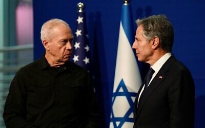 Defense Minister Yoav Gallant, left, meets US Secretary of State Antony Blinken at the Defense Ministry in Tel Aviv, October 16, 2023. (Ariel Hermoni/ Defense Ministry)