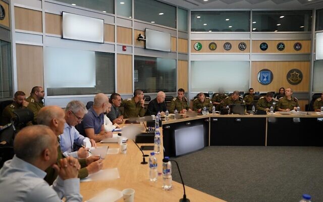 Defense Minister Yoav Gallant leads a security assessment at the Kirya in Tel Aviv, October 23, 2023 (Ariel Hermoni/Defense Ministry) Defense Minister Yoav Gallant leads a security assessment at the Kirya in Tel Aviv, October 23, 2023 (Ariel Hermoni/Defense Ministry)