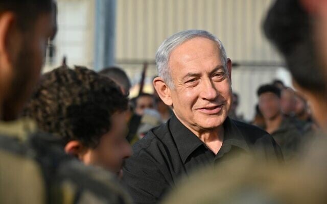 Prime Minister Benjamin Netanyahu with troops in southern Israel on October 24, 2023. (Kobi Gidon/GPO) Prime Minister Benjamin Netanyahu with troops in southern Israel on October 24, 2023. (Kobi Gidon/GPO)