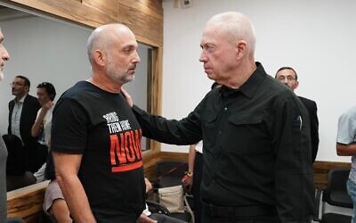 Defense Minister Yoav Gallant meets with the families of hostages held in the Gaza Strip, on October 29, 2023. (Ariel Hermoni/Defense Ministry)