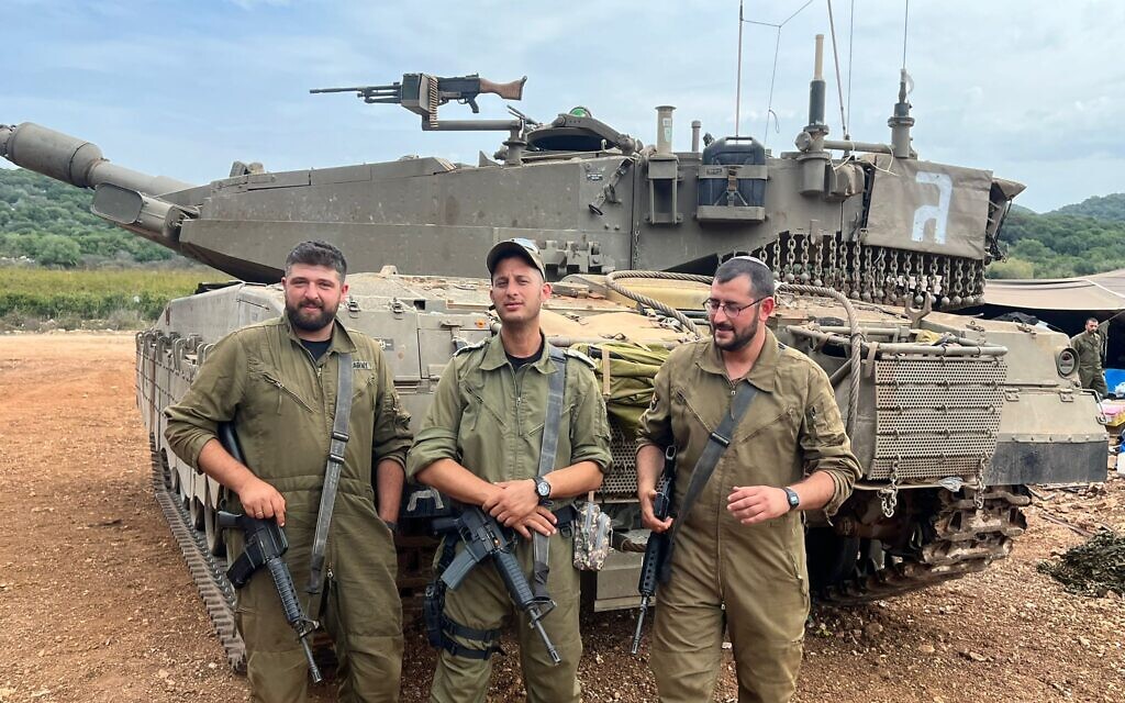 Ro'i, Josh, and Dror, reservist tankers on the Israel-Lebanon border, October 29, 2023 (Lazar Berman/Times of Israel) Ro'i, Josh, and Dror, reservist tankers on the Israel-Lebanon border, October 29, 2023 (Lazar Berman/Times of Israel)