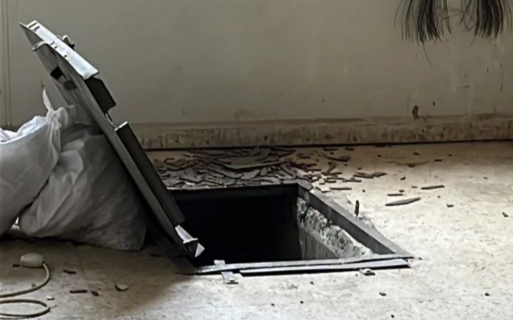 This handout photo released by the Israel Defense Forces on October 22, 2023, shows the opening to a "underground terror route" where the military says it struck members of Hamas and Palestinian Islamic Jihad. (Israel Defense Forces)