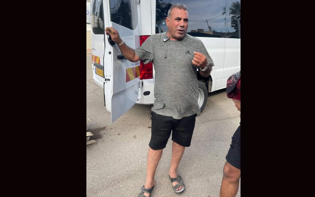 Youssef Ziyadne, an Arab Bedouin from the Israeli city of Rahat, shows off his minibus in which he reportedly saved 30 attendees of the Nova dance party after it was attacked by Hamas on October 7, 2023. (Courtesy Ziadna via JTA) Youssef Ziyadne, an Arab Bedouin from the Israeli city of Rahat, shows off his minibus in which he reportedly saved 30 attendees of the Nova dance party after it was attacked by Hamas on October 7, 2023. (Courtesy Ziadna via JTA)