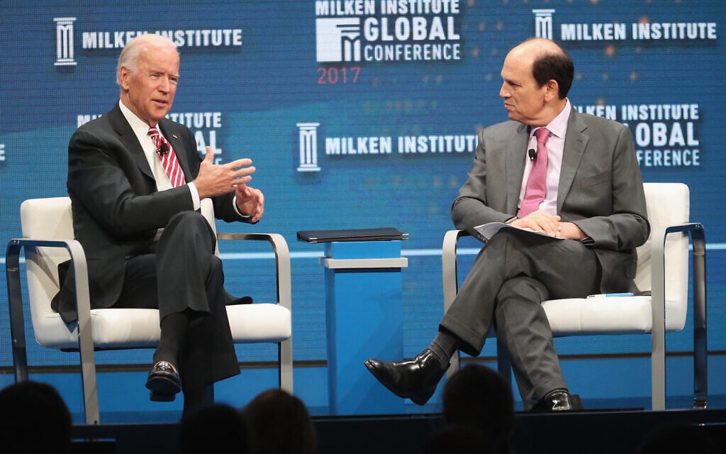 Former US Vice President Joe Biden (L) and Chairman of the Milken Institute Michael Milken speak during the Milken Institute Global Conference 2017 at The Beverly Hilton Hotel on May 3, 2017 in Beverly Hills, California. (Photo by Frederick M. Brown / GETTY IMAGES NORTH AMERICA / Getty Images via AFP)