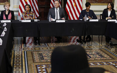 US Second Gentleman Douglas Emhoff (C), husband of Vice President Kamala Harris, delivers remarks during a roundtable about the rise of antisemitism with (L-R) Special Envoy to Monitor and Combat Antisemitism Deborah Lipstadt, White House Domestic Policy Adviser Susan Rice, Senior Adviser to the President for Public Engagement Keisha Lance Bottoms and White House Jewish Liaison Shelley Greenspan in the Indian Treaty Room at the Eisenhower Executive Office Building on December 7, 2022, in Washington, DC. (Chip Somodevilla/ Getty Images/ AFP)