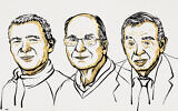 An illustration shows 2023 Nobel chemistry laureates US Chemist Moungi Bawendi, US Chemist Louis Brus and Russian physicist Alexei Ekimov (Ill. Niklas Elmehed © Nobel Prize Outreach)
