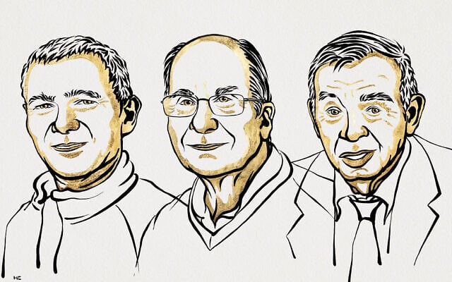An illustration shows 2023 Nobel chemistry laureates US Chemist Moungi Bawendi, US Chemist Louis Brus and Russian physicist Alexei Ekimov (Ill. Niklas Elmehed © Nobel Prize Outreach) An illustration shows 2023 Nobel chemistry laureates US Chemist Moungi Bawendi, US Chemist Louis Brus and Russian physicist Alexei Ekimov (Ill. Niklas Elmehed © Nobel Prize Outreach)