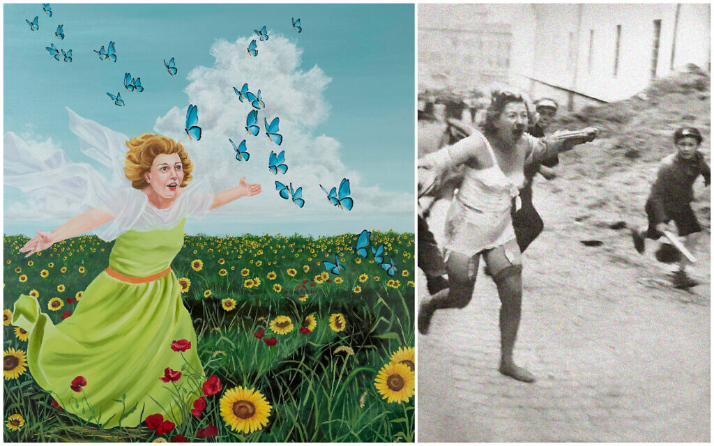 A battered and bloody Jewish woman, reimagined in artist Lauren Bergman's 'Sunflowers and Butterflies,' is chased by locals, including children and adolescents wielding clubs, during the Lviv pogrom of 1941. (Public domain/ Courtesy of the Dr. David M. Milch Foundation)