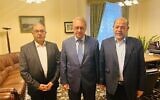 File - From left to right: Iran’s Deputy Foreign Minister Ali Bagheri Kani, Russian Deputy Foreign Minister and Putin's Special Envoy to the Middle East Mikhail Bogdanov, and Hamas head of international relations Mousa Abu Marzouk, during a trilateral meeting in Moscow on October 26, 2023. (Hamas Telegram channel)