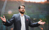 The leader of the Sweden Democrats Jimmie Akesson delivers a speech at the party's election watch in Nacka, near Stockholm late Sunday evening on September 11, 2022. (Jonathan Nackstrand/AFP)