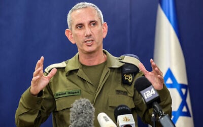 IDF Spokesman Rear Adm. Daniel Hagari speaks to the press at the Kirya military base in Tel Aviv on October 18, 2023. (Gil Cohen-Magen/AFP)
