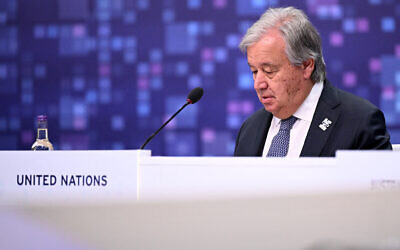 UN Secretary General Antonio Guterres attends the UK Artificial Intelligence (AI) Safety Summit at Bletchley Park, in central England, on November 2, 2023. (Leon Neal/Pool/AFP)