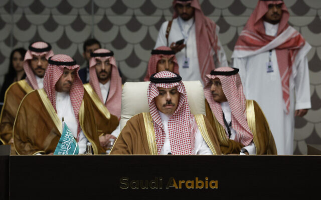 Saudi Arabias Foreign Minister Faisal bin Farhan Al Saud attends a meeting with US Secretary of State Antony Blinken and other foreign ministers, amid the ongoing war between Israel and the Palestinian terror group Hamas, in the Jordanian capital Amman on November 4, 2023. (Jonathan Ernst/Pool/AFP) Saudi Arabias Foreign Minister Faisal bin Farhan Al Saud attends a meeting with US Secretary of State Antony Blinken and other foreign ministers, amid the ongoing war between Israel and the Palestinian terror group Hamas, in the Jordanian capital Amman on November 4, 2023. (Jonathan Ernst/Pool/AFP)