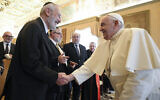 This photo taken and released by the Vatican Media on November 6, 2023, shows Pope Francis during a meeting with a delegation of the Conference of European Rabbis in The Vatican. (Handout/Vatican Media/AFP)