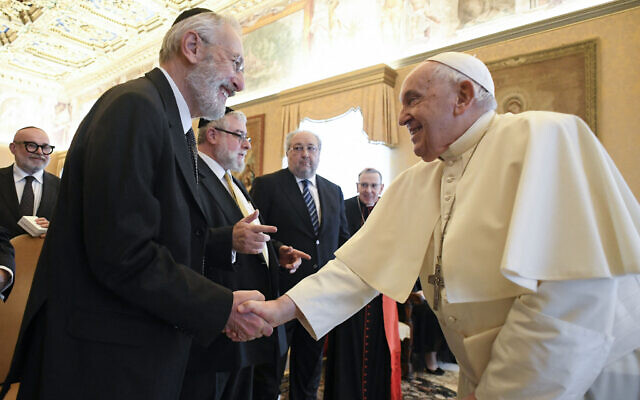 This photo taken and released by the Vatican Media on November 6, 2023, shows Pope Francis during a meeting with a delegation of the Conference of European Rabbis in The Vatican. (Handout/Vatican Media/AFP) This photo taken and released by the Vatican Media on November 6, 2023, shows Pope Francis during a meeting with a delegation of the Conference of European Rabbis in The Vatican. (Handout/Vatican Media/AFP)