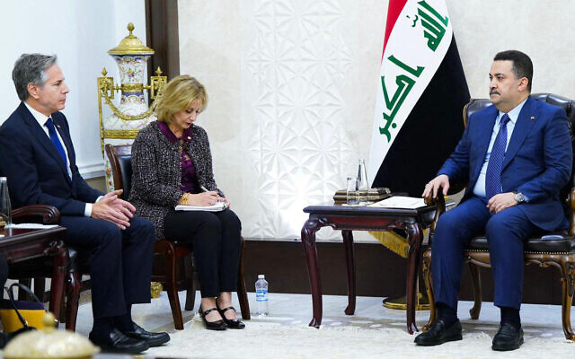 A handout picture released by Iraq's Prime Minister's Media Office on November 5, 2023 shows Prime Minister Mohamed Shia al-Sudani (R) meeting with US Secretary of State Antony Blinken in Baghdad. (Handout/Iraqi prime minister's press office/AFP) A handout picture released by Iraq's Prime Minister's Media Office on November 5, 2023 shows Prime Minister Mohamed Shia al-Sudani (R) meeting with US Secretary of State Antony Blinken in Baghdad. (Handout/Iraqi prime minister's press office/AFP)