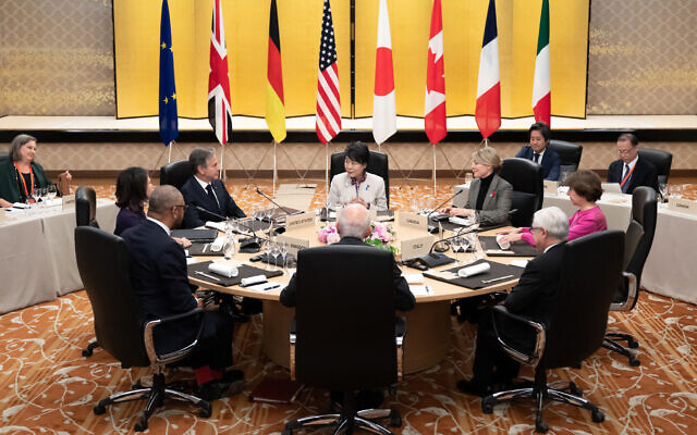 Clockwise from left to right: Britain's Foreign Secretary James Cleverly, Germany's Foreign Minister Annalena Baerbock, US Secretary of State Antony Blinken, Japan's Foreign Minister Yoko Kamikawa, Canada's Foreign Minister Melanie Joly, France's Foreign Minister Catherine Colonna, Italian Foreign Ministry's Director General for Political Affairs and International Security Pasquale Ferrara and High Representative of the European Union for Foreign Affairs and Security Policy Josep Borrell are seated ahead of a working dinner, as part of their G7 foreign ministers' meetings in Tokyo on November 7, 2023. (Tomohiro Ohsumi/ Pool/AFP) Clockwise from left to right: Britain's Foreign Secretary James Cleverly, Germany's Foreign Minister Annalena Baerbock, US Secretary of State Antony Blinken, Japan's Foreign Minister Yoko Kamikawa, Canada's Foreign Minister Melanie Joly, France's Foreign Minister Catherine Colonna, Italian Foreign Ministry's Director General for Political Affairs and International Security Pasquale Ferrara and High Representative of the European Union for Foreign Affairs and Security Policy Josep Borrell are seated ahead of a working dinner, as part of their G7 foreign ministers' meetings in Tokyo on November 7, 2023. (Tomohiro Ohsumi/ Pool/AFP)
