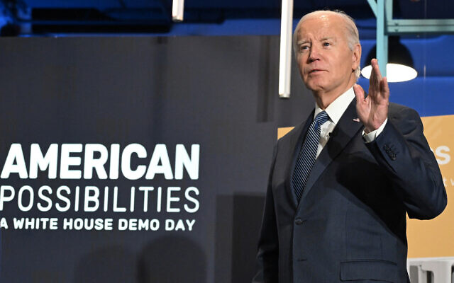 US President Joe Biden speaks to reporters at the American Possibilities White House Demo Day at The Showroom in Washington, on November 7, 2023. (Andrew Caballero-Reynolds/AFP) US President Joe Biden speaks to reporters at the American Possibilities White House Demo Day at The Showroom in Washington, on November 7, 2023. (Andrew Caballero-Reynolds/AFP)
