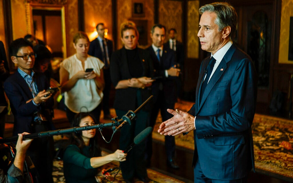 US Secretary of State Antony Blinken speaks to the media at the end of the India-US '2+2' ministerial dialogue in New Delhi on November 10, 2023. (Jonathan Ernst/Pool/AFP)