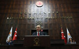 Turkish President and the leader of the Justice and Development (AK) Party Recep Tayyip Erdogan speaks at his party's group meeting at the Turkish Grand National Assembly in Ankara, on November 15, 2023. (Adem Altan/AFP)