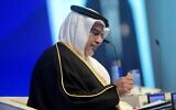 Bahrain Crown Prince and Prime Minister Prince Salman bin Hamad Al-Khalifa delivers the keynote address at the opening of the three-day IISS Manama Dialogue security conference, in Manama on November 17, 2023. (Mazen Mahdi/AFP)