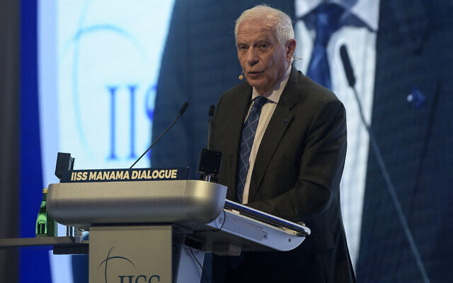 European Union foreign policy chief Josep Borrell speaks during the IISS Manama security conference in the Bahraini capital on November 18, 2023. (Mazen Mahdi/AFP) European Union foreign policy chief Josep Borrell speaks during the IISS Manama security conference in the Bahraini capital on November 18, 2023. (Mazen Mahdi/AFP)