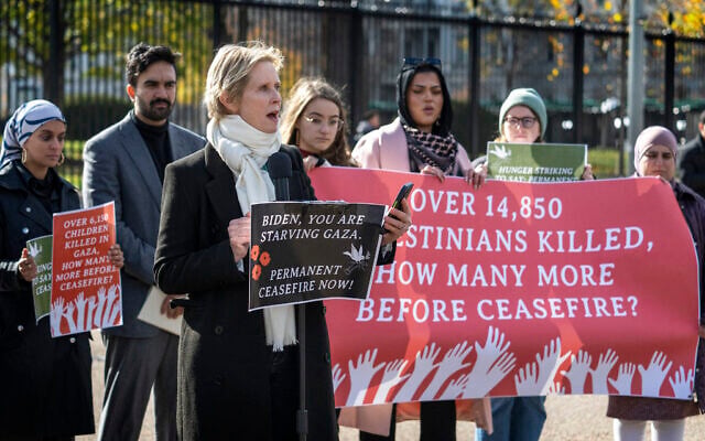 US actress and activist Cynthia Nixon, joined by state legislators and activists, launches a hunger strike calling for a permanent ceasefire in Gaza, in front of the White House in Washington, DC, on November 27, 2023. (Photo by Jim WATSON / AFP)