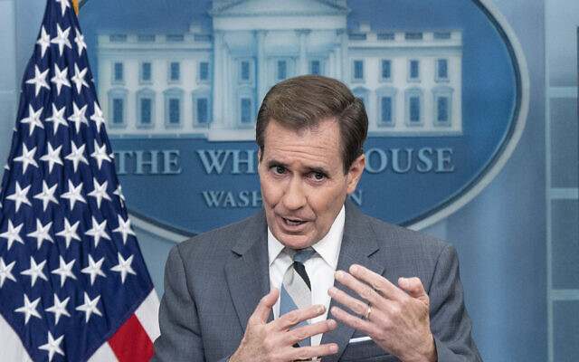 John Kirby, the US National Security Council spokesman speaks during the daily briefing at he White House in Washington, on November 27, 2023. (Andrew Caballero-Reynolds/AFP) John Kirby, the US National Security Council spokesman speaks during the daily briefing at he White House in Washington, on November 27, 2023. (Andrew Caballero-Reynolds/AFP)